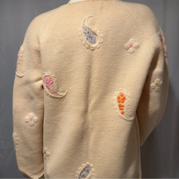 60s Ivory Wool Long Cardigan SweaterEmbroidered Pastel Paisley Floral Size Sm